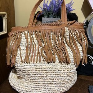 Cleobella Purse Palms Straw Leather Fringe Tote